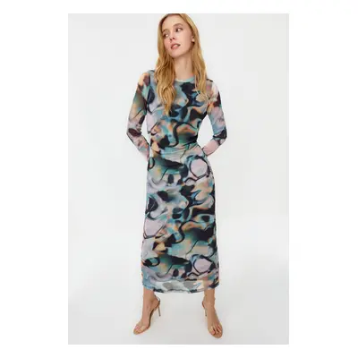 Trendyol Blue Backless Long Sleeve Printed Tulle Flexible Knitted Pencil Dress