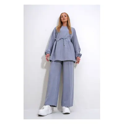 Trend Alaçatı Stili Women's Gray Crew Neck Self-Belt Palazzo Trousers Tunic Suit