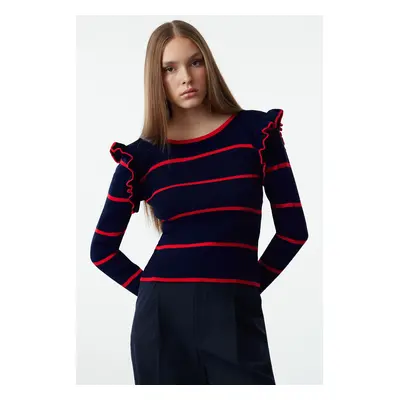 Trendyol Navy Blue Shoulder Flounce Striped Knitwear Sweater