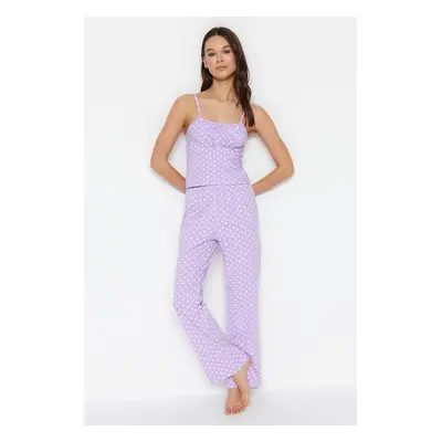 Trendyol Lilac Polka Dot Cotton Rope Strap Knitted Pajama Set