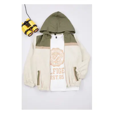 Trendyol Beige*001 2-Piece Boy Slogan Printed T-shirt-Jacket Set Cotton Knitted Bottom-Top Set