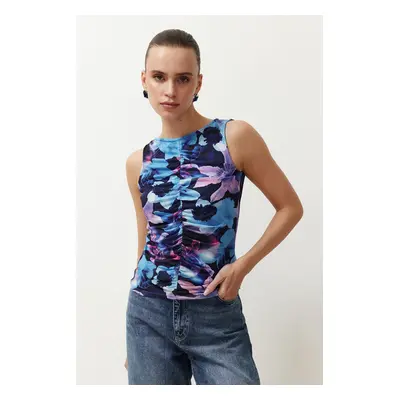 Trendyol Blue Abstract Patterned Gathered/Drape Detailed Regular/Regular Fit Knitted Blouse