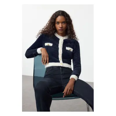 Trendyol Navy Blue Crop Beard/Fuzzy Yarn Jacket-Looking Knitwear Cardigan