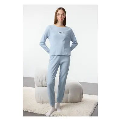 Trendyol Blue Cotton Slogan Embroidered Ribbed Knitted Pajama Set