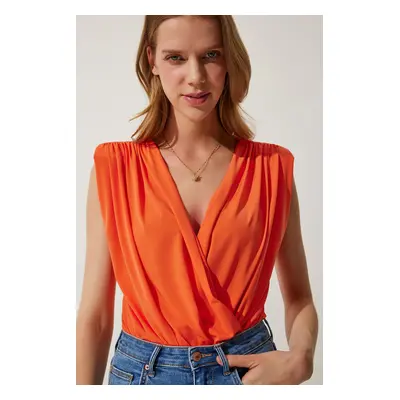 Happiness İstanbul Women's Orange Wrapover Neck Padded Snap-On Knitted Blouse