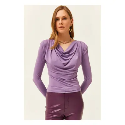 Olalook Women's Lilac Waistband Pleated Roll Up Collar Blouse