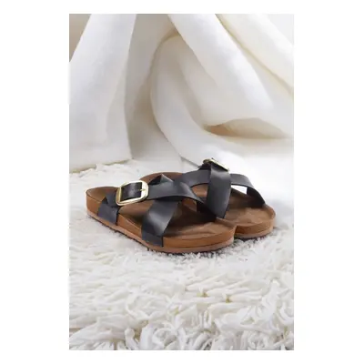 Trendyol Black Buckled Cross Strap Women's Slippers