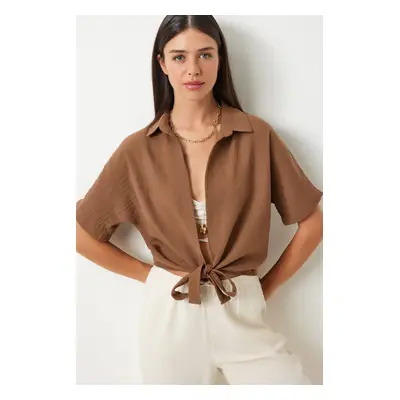 Happiness İstanbul Women's Brown Tie Detailed Linen Blouse