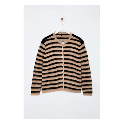 Trendyol Curve Camel Soft Texture Striped Knit Cardigan