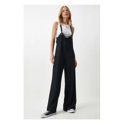 Happiness İstanbul Women's Black Strap Wide Leg Summer Knitted Jumpsuit