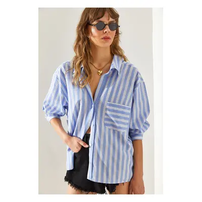 Bianco Lucci Women's V-Neck Oversize Striped Shirt