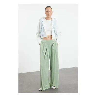 Trendyol Mint Modal Soft Fabric Wide Leg Pleated Knitted Trousers