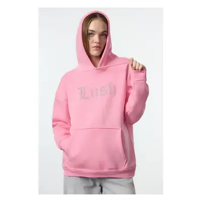 Trendyol Pink Thick Polar Fleece Hooded Slogan Printed Oversize/Wide Pattern Knitted Sweatshirt