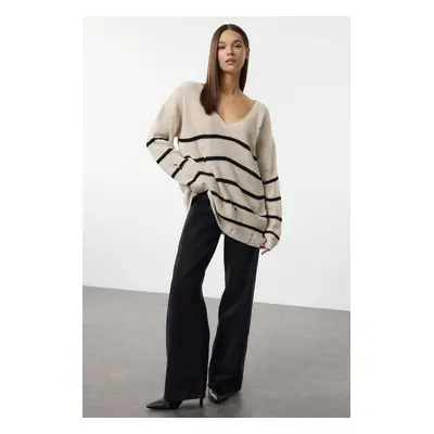 Trendyol Beige Striped Openwork Knitted Sweater