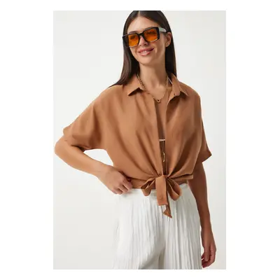 Happiness İstanbul Women's Camel Tie Detailed Linen Blouse