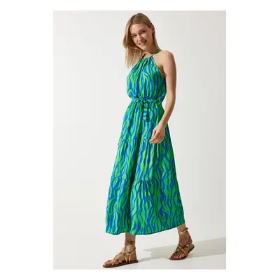 Happiness İstanbul Women's Green Blue Halter Collar Summer Viscose Dress