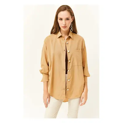 Olalook Women's Camel Side Button Detailed Oversize Woven Shirt