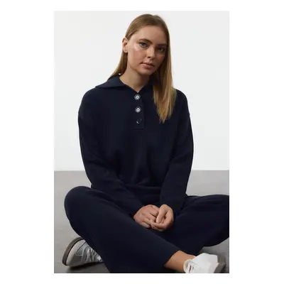 Trendyol Navy Blue Polo Collar Ribbed Knitwear Top-Bottom Set