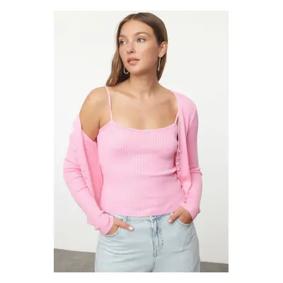 Trendyol Pink Crop Blouse-Cardigan Set Thin Knitted Cardigan