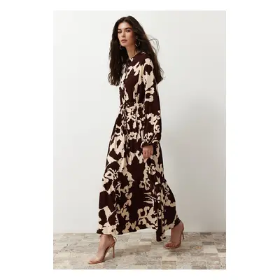 Trendyol Brown Big Flower Patterned Crinkle Woven Dress