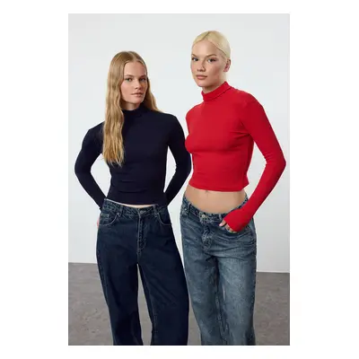 Trendyol Navy Blue-Red Pack Fitted Half Fisherman Corded Stretchy Knitted Blouse