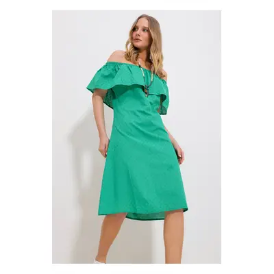 Trend Alaçatı Stili Women's Green Madonna Collar Self Patterned Woven Dress