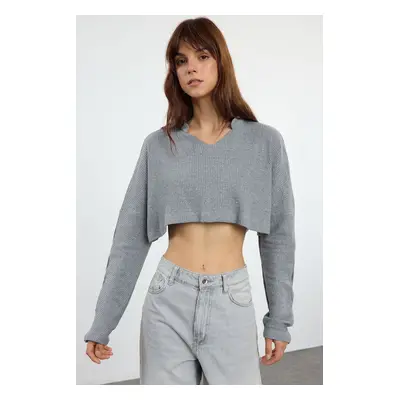 Trendyol Light Gray Super Crop Long Sleeve Knitted Look Blouse