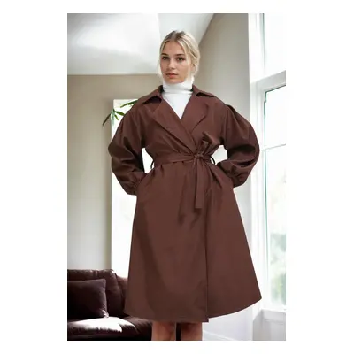 40345 Dewberry Belted Balloon Sleeve Women Trenchcoat-COFFEE