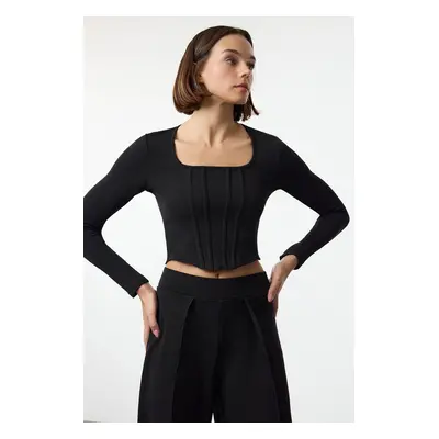 Trendyol Black Square Collar Fitted/Body-Sit Cardigan Stitched Knitted Blouse