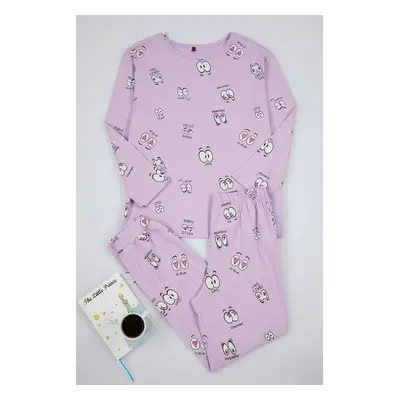 Trendyol Lilac 100% Cotton Eye Patterned T-shirt-Jogger Knitted Pajama Set