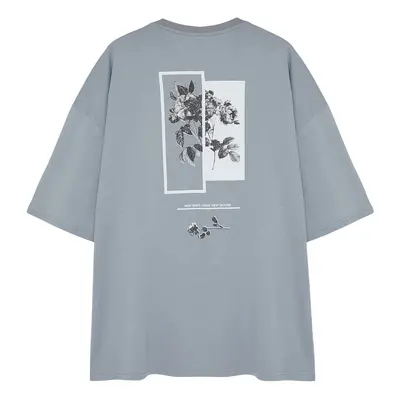 Trendyol Gray Plus Size Oversize Comfortable Floral Printed 100% Cotton T-Shirt