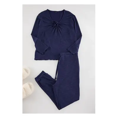 Trendyol Curve Navy Blue U-Neck Tie-up Knitted Pajamas Set