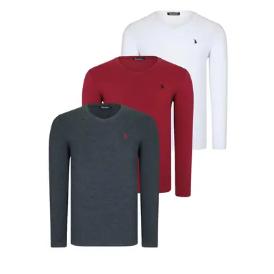 TRIPLE SET T8587 DEWBERRY V-NECK MEN'S SWEATSHIRT-WHITE-ANTHRACITE-BURGUNDY