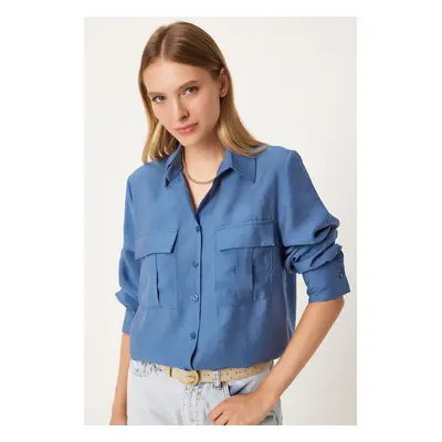 Happiness İstanbul Women's Indigo Blue Wide Pocket Tencel Shirt