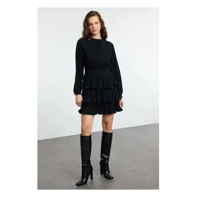 Trendyol Black Skater/Waist Open Pleated Stand Collar Mini Woven Dress