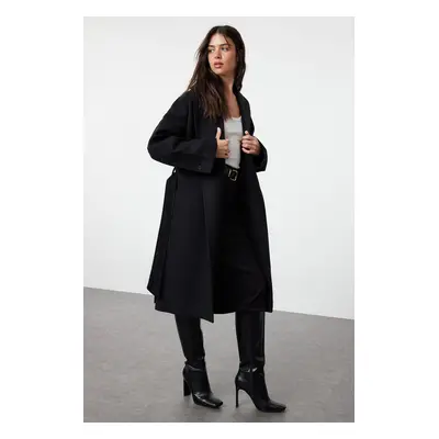 Trendyol Black Button Detailed Soft Textured Slit Oversize Coat