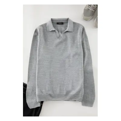 Trendyol Grey Regular Polo Neck Textured Knitwear Sweater