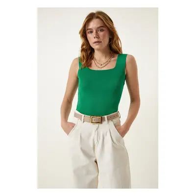 Happiness İstanbul Women's Dark Green Square Neck Knitwear Crop Blouse