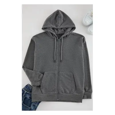 Trendyol Anthracite Oversize/Wide Cut Hooded Zippered Thick Basic Sweatshirt-Cardigan