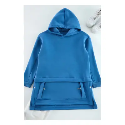 Trendyol Indigo Hooded Pocket Detailed Knitted Sweatshirt