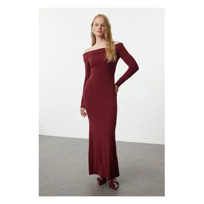 Trendyol Burgundy Color Block Fitted Carmen Neck Stretchy Maxi Knitted Dress