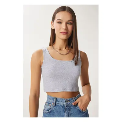 Happiness İstanbul Women's Gray Melange Strappy Ribbed Crop Knitted Blouse