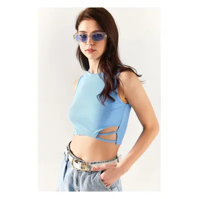 Olalook Women's Baby Blue Decollete Waist Lycra Crop Blouse