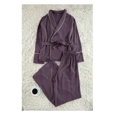 Trendyol Plum Belted Piping Detailed Double Breasted Viscose Woven Pajama Set