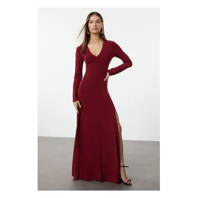 Trendyol Claret Red Plain Limited Edition V Neck Skater/Waist Open Flexible Maxi Knit Dress