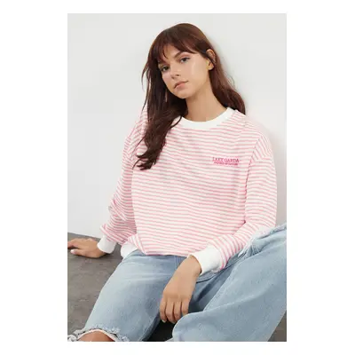 Trendyol Pink Striped Slogan Embroidered Oversize/Wide Fit Long Sleeve Knitted Sweatshirt