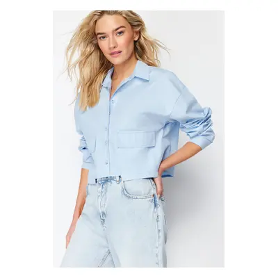 Trendyol Blue Crop Pocket Detailed Regular Fit Woven Shirt