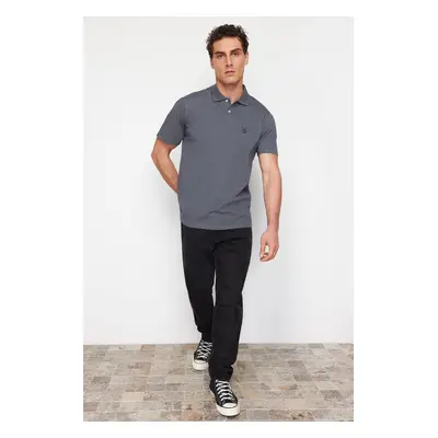 Trendyol Anthracite Regular Cut Deer Patterned Polo Neck T-shirt