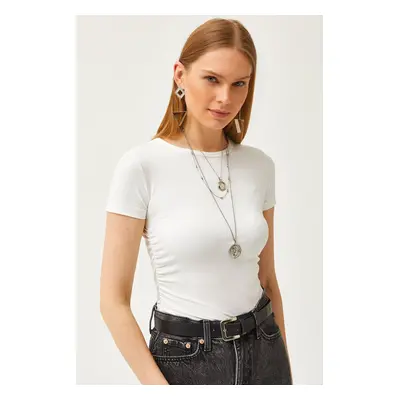 Olalook Women's Ecru Side Gathered Soft Button Crop T-Shirt