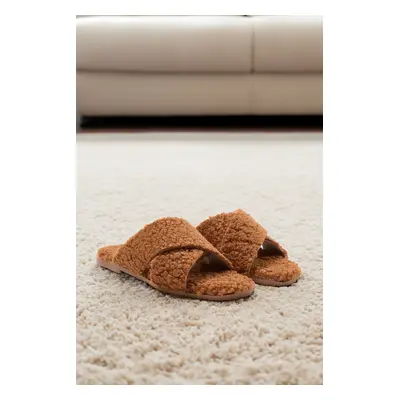 Trendyol Light Brown Fur Detailed Cross Strap Women's Slippers